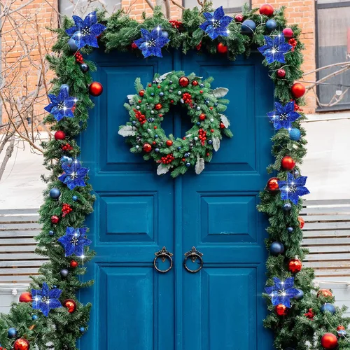 Vista 5 de Syhood 30 Piezas Flores de Pascua con Purpurina de 5.1 Pulgadas Adornos para Árbol de Navidad Flores de Pascua Artificiales para Boda Flores