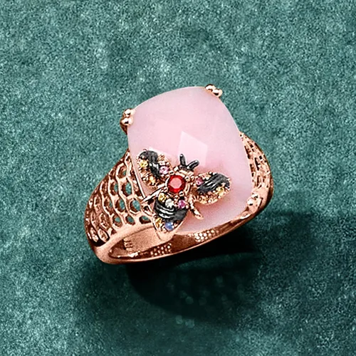 Vista 4 de Ross-Simons Pink Opal and .10 ct. t.w. Multicolored Sapphire Bumblebee Ring With Single Garnet in 18kt Rose Gold Over Sterling