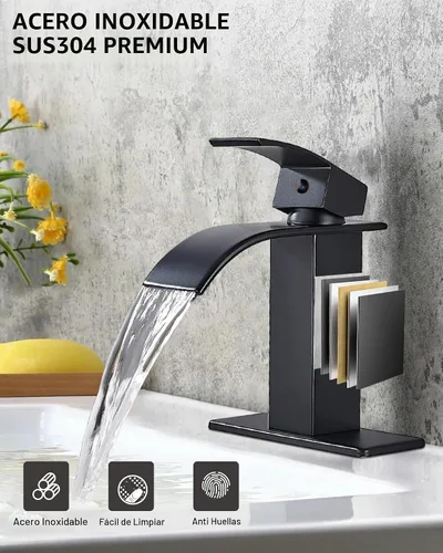 Vista 5 de Midanya Grifo de baño cascada 1 agujero, sin drenaje, negro mate