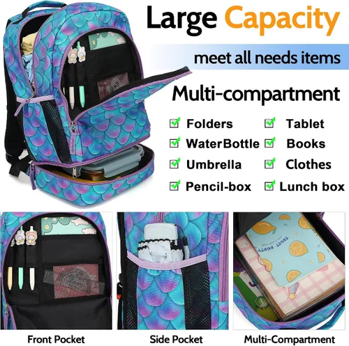 Vista 4 de DIPUG Mochila escolar para niños y niñas, con compartimento para lonchera, Mermaid Scales, Impreso