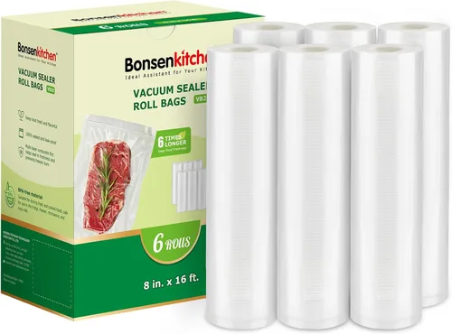 Vista 12 de Bolsas de sellado al vacío Bonsenkitchen, 6 paquetes de 3 rollos de 27,94 cm x 6,10 m + 3 rollos de 20,32 cm x 6,10 m, rollos de bolsas de grado