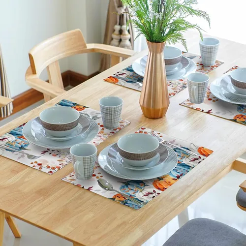 Vista 6 de Juego de 4 manteles individuales de otoño para mesa de comedor, hojas de calabazas de otoño, cosecha de Acción de Gracias, tela lavable