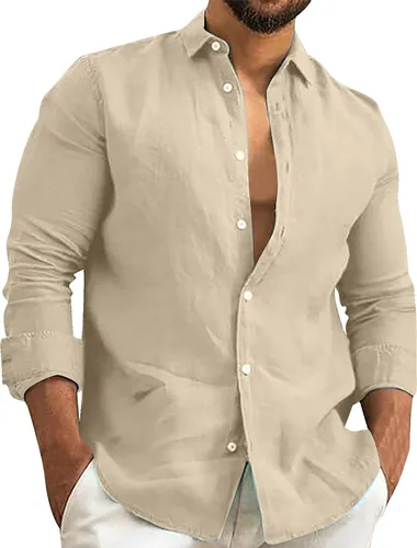 Vista 11 de Camisa de algodón y lino para hombre, manga larga, cuello liso, con botones, camiseta casual para playa y verano AG