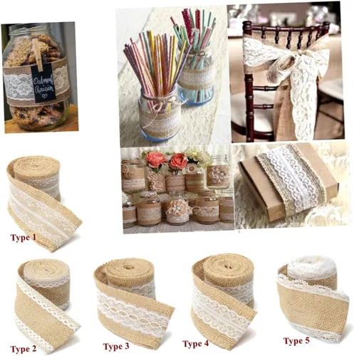 Vista 4 de LALAFINA Rollo de cinta decorativa de yute con ribete de encaje para manualidades y proyectos de bricolaje, patrón de envoltura de bodas y arreglos