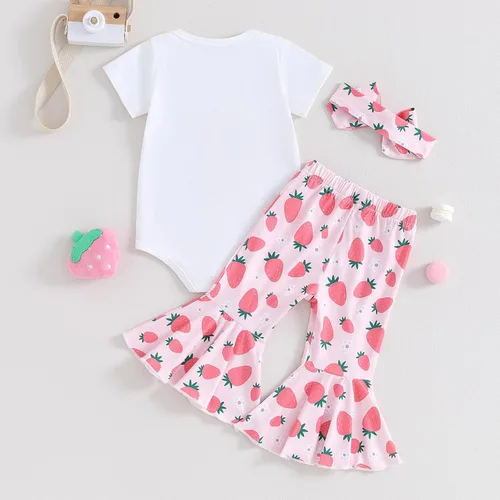 Vista 6 de Traje de primer cumpleaños para bebé niña, mameluco de manga corta, pantalones acampanados, diadema de 3 piezas