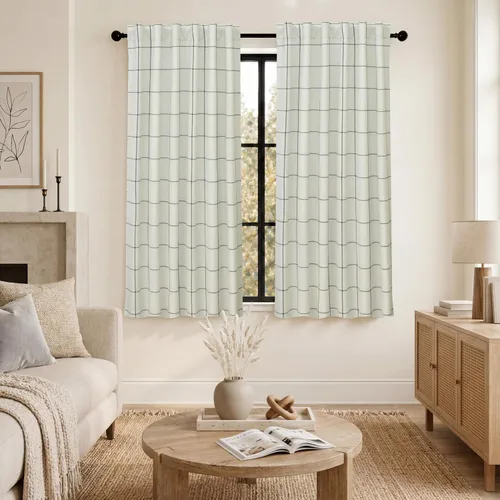 Vista 25 de DriftAway 2 paneles cortinas de lino a cuadros 100% opacas de doble capa cortinas para dormitorio de 96 pulgadas de largo estilo granja con Gris