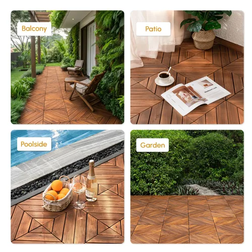 Vista 7 de BEEFURNI 10 azulejos entrelazados de 12 x 12 pulgadas, patrón diagonal, cubierta de madera de acacia impermeable para todo tipo de clima, patio