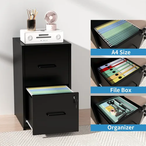Vista 4 de Archivador de 2 cajones con cerradura, archivadores verticales de metal para oficina en casa, muebles de oficina para organización colgante, Negro