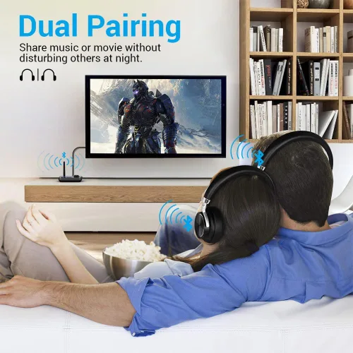 Vista 4 de Receptor transmisor Bluetooth 3 en 1 Bluetooth 5.3 adaptador de audio para 2 auriculares con control de volumen de derivación interruptor