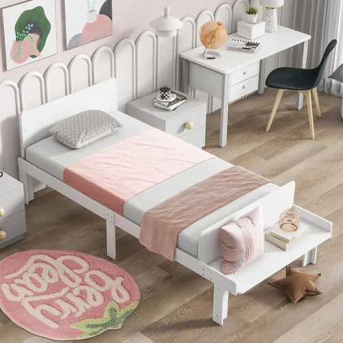 Vista 10 de Dolonm Marco de cama individual para niños con banco de estribo, gris, madera de pino, estilo moderno, no necesita somier