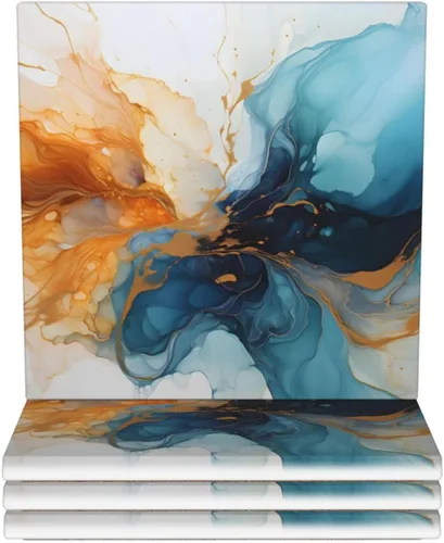 Vista 9 de Abstract Green and Gold Marble Ceramic Coaster Set of 4