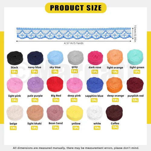 Vista 2 de 20 rollos de cinta de encaje de 200 yardas, 0.591 in/0.59 pulgadas de ancho, cintas de encaje de tela con patrón floral, cintas de tela multicolor