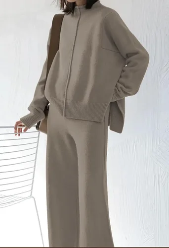 Vista 4 de Pink Wind Conjunto de 2 piezas de punto para mujer, conjunto de sudadera de cuello alto y pantalones deportivos