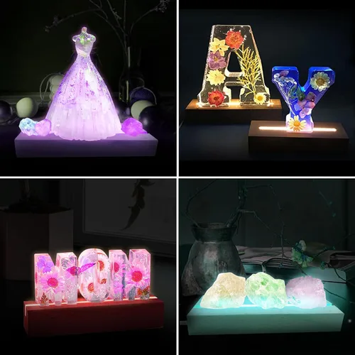 Vista 8 de 2 piezas de base de exhibición de luz LED de madera de 11.81 pulgadas, base de exhibición de luces LED de madera rectangular para acrílico