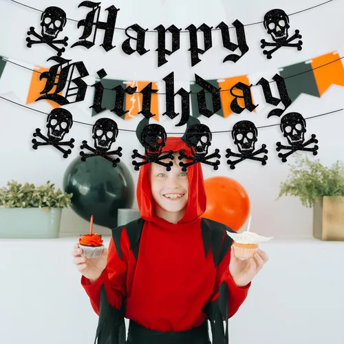 Vista 7 de Cartel gótico de feliz cumpleaños, guirnalda de calavera inglesa antigua con purpurina negra, divertida pancarta de cumpleaños funerario para fiesta