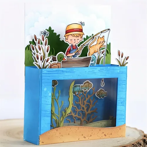 Vista 7 de Juego de sellos y troqueles para niños de pesca para hacer tarjetas, sellos transparentes y troqueles de corte de metal para álbumes de recortes