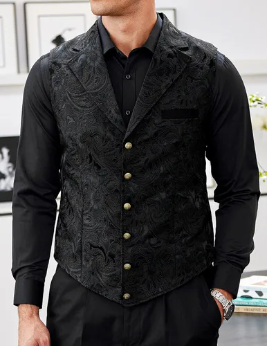 Vista 2 de COOFANDY Chaleco de traje para hombre con estampado floral victoriano, gótico, steampunk, chaleco formal con solapas con muescas