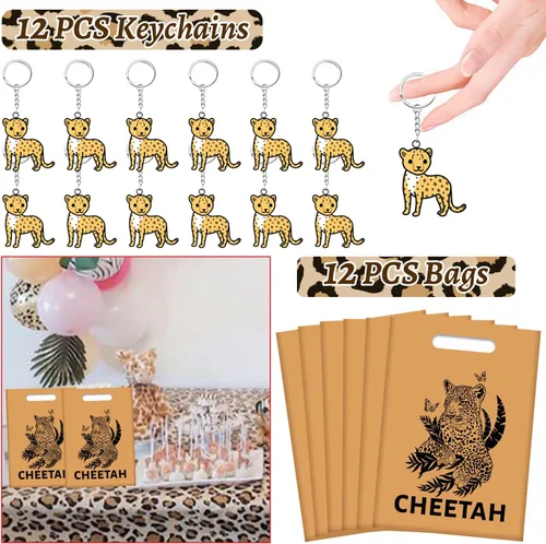 Vista 3 de Regalos de fiesta de guepardo, pulseras con temática de guepardo, llaveros, insignia, tatuajes temporales, bolsas de regalo para niños, leopardo
