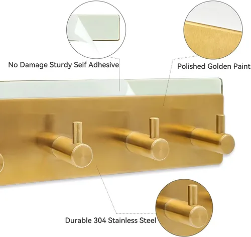 Vista 4 de Perchero autoadhesivo para llaves con 4 ganchos para llaves, máscaras, entrada de pared, colgador de pasillo, color dorado