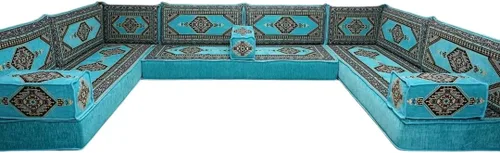 Vista 179 de arabicsofa Sofá en forma de U de estilo árabe para el suelo – Juego de Majlis hecho a mano – Sofá de estilo bohemio