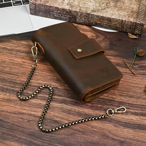 Vista 69 de Genuino Caballo Loco Cuero Regalo de Viaje Moneda Bolsillo Tarjetero Organizador Largo Cadena Rfid Cartera Monedero Con Broche Para Hombres Hombres
