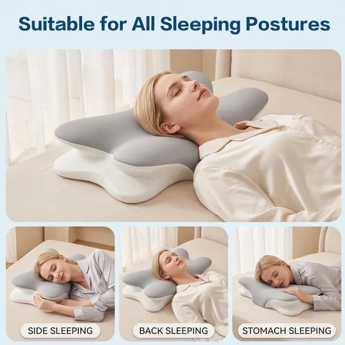 Vista 7 de Almohada cervical para aliviar el dolor de cuello, almohada cervical para dormir, almohadas de espuma viscoelástica para soporte de cuello y Gris