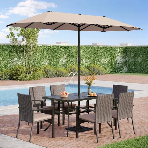 Vista 7 de PHI VILLA Mesa rectangular de comedor con listones de acero metálico para 6 personas con agujero ajustable para paraguas, resistente a la intemperie