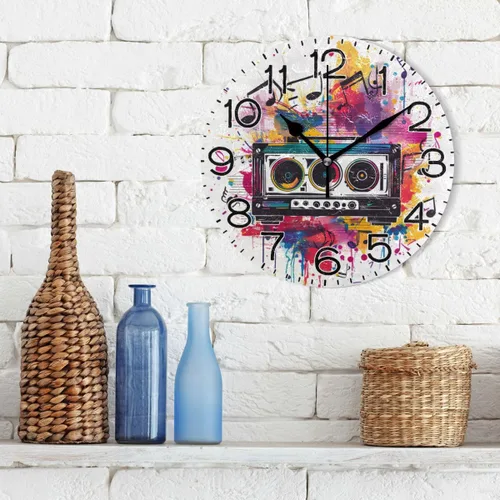 Vista 3 de Reloj de pared con notas musicales, funciona con pilas, sin tictac, cuarzo silencioso, analógico, rústico, rústico, reloj redondo, decoración retro
