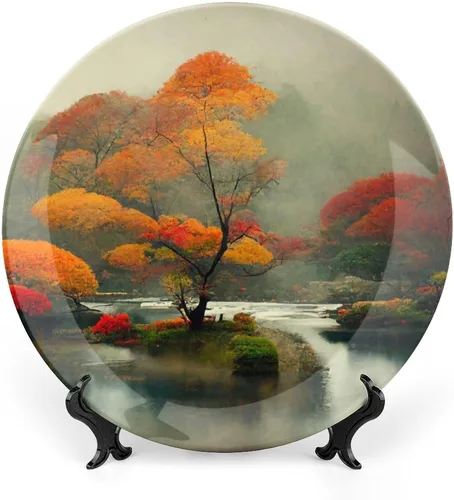 Vista 14 de Platos decorativos de pintura de paisaje de árboles de montaña otoñal, platos decorativos para decoración del hogar, platos de cena de temporada