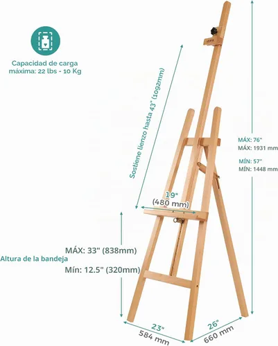 Vista 2 de VISWIN Caballete de arte de madera para pintar, ajustable y plegable, soporte de madera de haya para lienzo, sostiene lienzo de hasta 43 pulgadas
