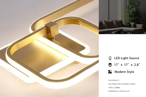 Vista 7 de Lámpara de techo LED moderna, lámpara de techo de montaje empotrado de 50 W, lámpara de techo cuadrada geométrica dorada para sala de estar