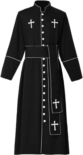 Vista 2 de Disfraz de sacerdote para hombre, bata de sotana romana con cuello alto y cinturón, Negro