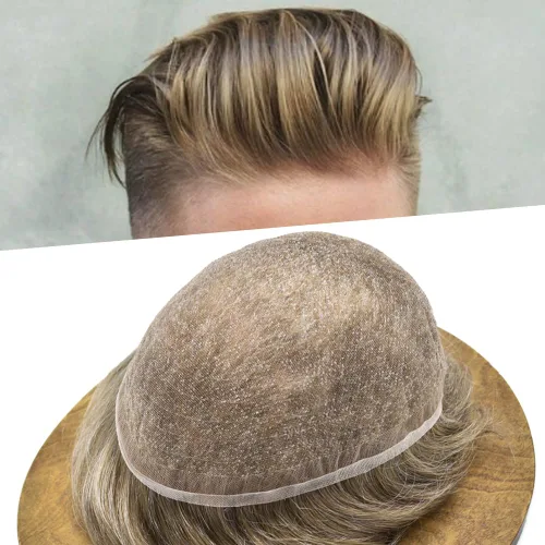 Vista 52 de Completo suizo encaje tupé para hombres pieza de pelo real sistema de reemplazo de cabello humano para hombres Toupee Hairpieces para hombres 7x9