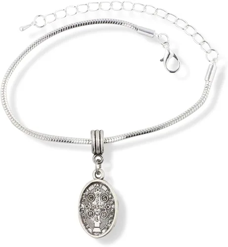 Vista 2 de EPJ - Pulsera de joyería religiosa de San Benito para mujer, chapado en plata, con cadena católica, regalo católico, para mujeres, hombres, niños
