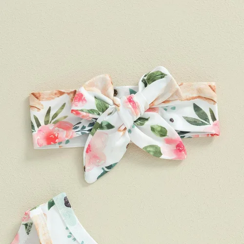 Vista 4 de AEEMCEM Traje de Pascua para bebé recién nacida, con estampado floral, sin mangas, con borla, mameluco de una pieza con diadema