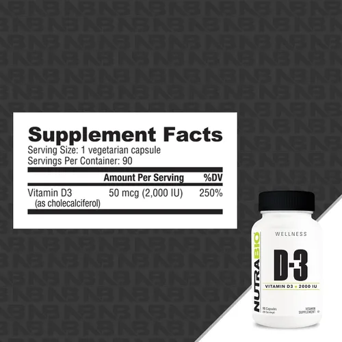Vista 2 de NutraBio Vitamina D (2000 UI), apoyo inmunológico - 90 cápsulas vegetales