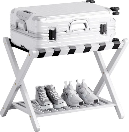 Vista 11 de SMIBUY Portaequipajes, soporte plegable de bambú para maleta con estante de almacenamiento para habitación de invitados, dormitorio, hotel, Natural