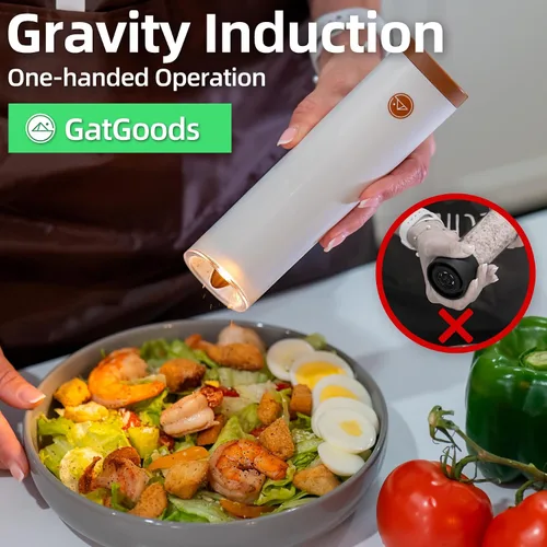 Vista 8 de GATGOODS Gravity Juego de Molinillo Eléctrico de Sal y Pimienta, Grosor Ajustable, Luz LED Cálida, Operación Automática con Una Mano, Funciona