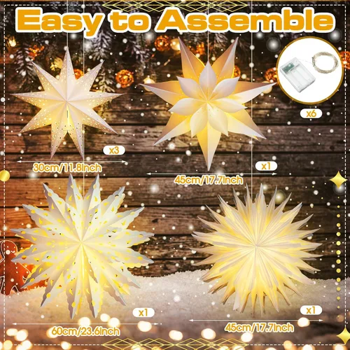 Vista 2 de Watersay Paquete de 6 Faroles de Papel de Copo de Nieve de Navidad Faroles de Papel de Estrella de Navidad con 6 Luces LED Blancas Ornamentos