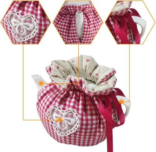 Vista 4 de 2 piezas de té aislado acogedor para tetera y calentador de hervidor de agua - a cuadros Rojo Plaid