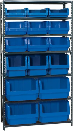 Vista 334 de Quantum QSBU-245BK Heavy Duty Shelving Unit with (7) Shelves and (24) QUS245 Black Bins for Garage Warehouse Storage Distribution 400 lb Load