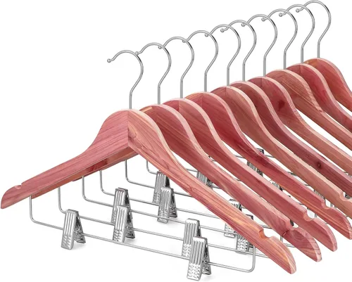 Vista 17 de TOPIA HANGER Perchas de madera para trajes con clips de metal ajustables (paquete de 10), perchas de ropa de madera maciza, gancho giratorio