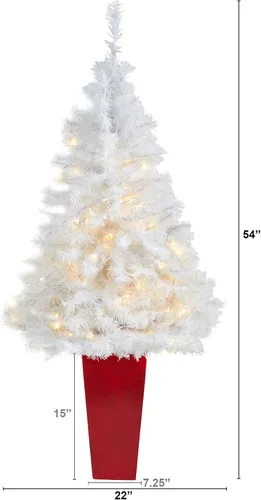 Vista 2 de Nearly Natural Árbol de Navidad artificial blanco de 4.5 pies con 100 luces LED transparentes en maceta roja