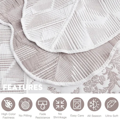 Vista 5 de Edredón extragrande para cama King, diseño de patrón damasco matelasse de jacquard, ligero, reversible, 5 piezas, 100% microfibra, pasta de frijol