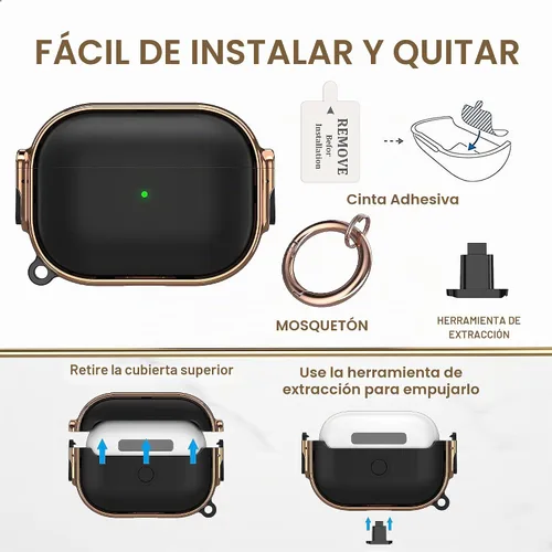 Vista 6 de Funda para AirPods Pro 2/1 con cerradura, compatible con Magsafe, negro/oro negro + rosa dorado