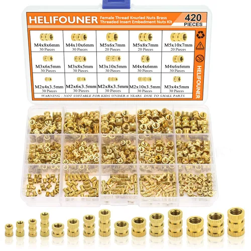 Vista 8 de HELIFOUNER 100 piezas de insertos de tuerca de latón, insertos roscados moleteados, piezas de incrustación, tuercas de incrustación, tuercas