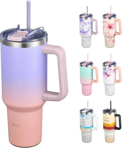 Vista 13 de THILY Vaso de 40 onzas de acero inoxidable con asa - Taza de viaje con aislamiento al vacío, tapa a prueba de salpicaduras y a prueba de fugas, 2