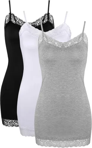 Vista 8 de 3 piezas de camisolas largas para mujer con encaje, camisetas sin mangas con cuello, camisolas ajustables con tirantes de espagueti y ribete de 12