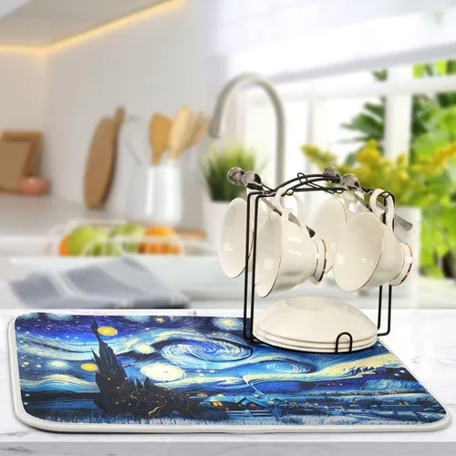 Vista 5 de Vnurnrn Tapete de secado nocturno de platos estilo Van Gogh para encimera de cocina, tapete escurridor de platos de microfibra, absorbente de secado