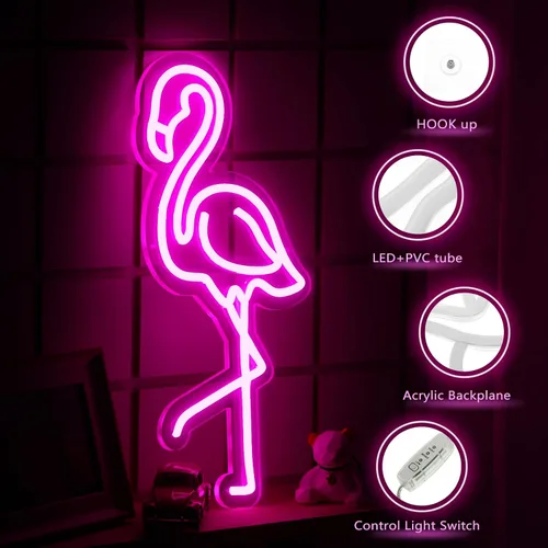 Vista 3 de ROCEEI Letrero de neón LED de flamenco tropical, luces de neón alimentadas por USB, letrero de arte de pared para decoración de Navidad, habitación